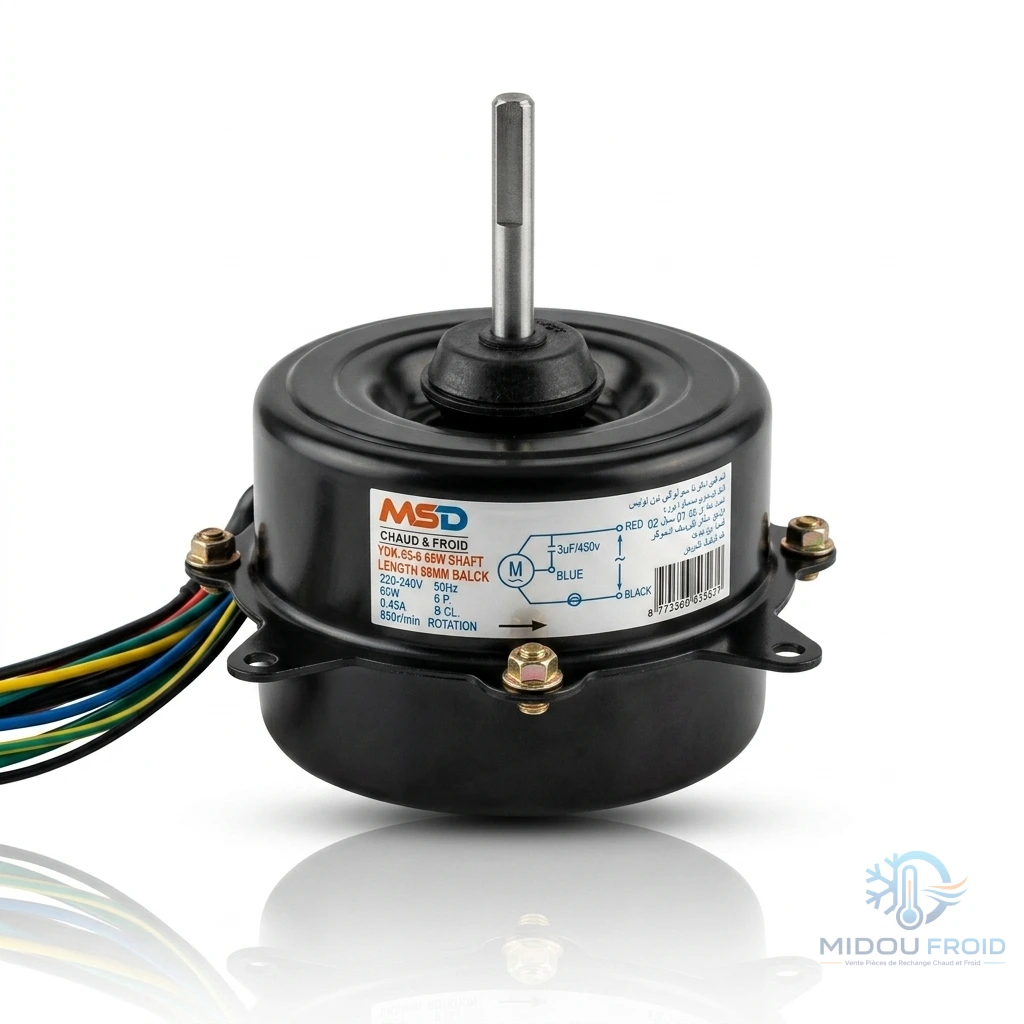 MOTEUR VENTILO CLIM EXTERIEUR 65W–3FIL ROTATION DROITS AXE 7CM